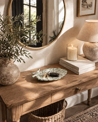 White and Sage Green Catchall Tray with Bird Accent