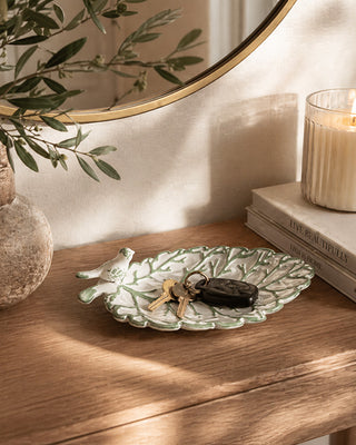 White and Sage Green Catchall Tray with Bird Accent