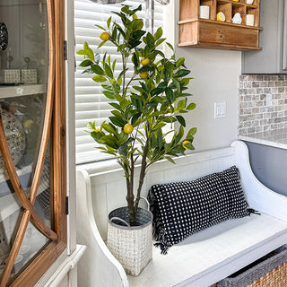 Artificial lemon tree decor beside kitchen bench