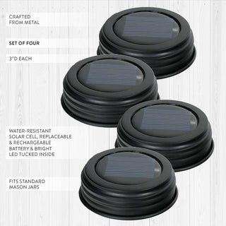 Set of four black metal solar lid lights with rechargeable batteries and LED