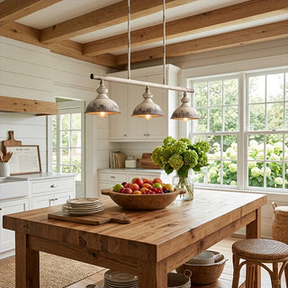 Rustic farmhouse kitchen island with metal pendant lighting