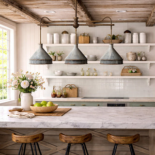 Distressed metal three-light farmhouse pendant fixture