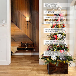 Two wireless wall sconces with remote control showing product specifications and LED lighting features