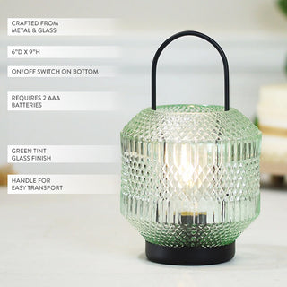 Textured diamond pattern green glass lantern with black metal handle