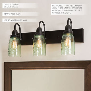 Black metal mason jar vanity light fixture detail