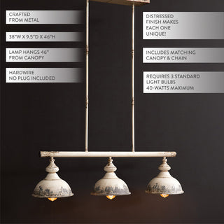 Distressed metal linear chandelier with three pendant lights