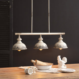 Farmhouse triple pendant light over rustic kitchen table