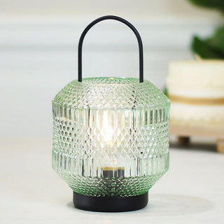Portable green glass LED lantern for indoor outdoor decor