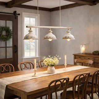 Rustic dining room with linear pendant chandelier lighting