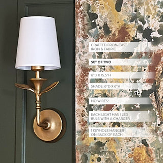 Cordless wall sconce set showing detailed leaf design and fabric shade specifications