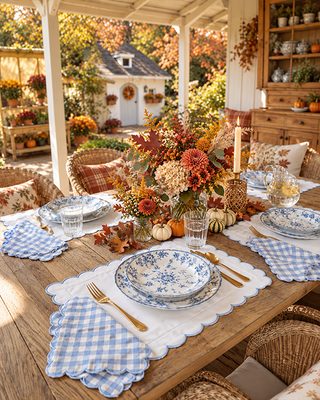 Blue Gingham Scalloped Table Linens, Choose Your Style