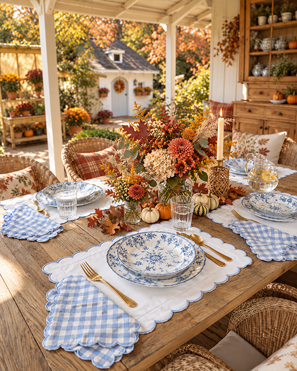 Blue Gingham Scalloped Table Linens, Choose Your Style