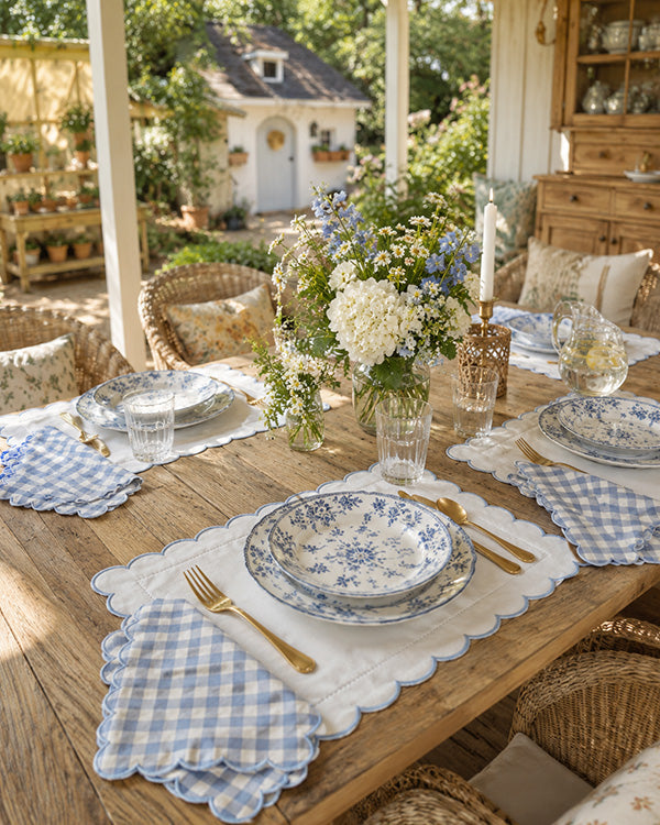 Scalloped Blue & White Table Linens Collection - Choose Your Style