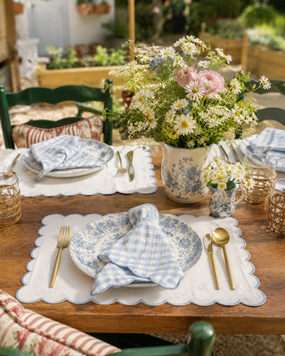 Scalloped Blue & White Table Linens Collection - Choose Your Style