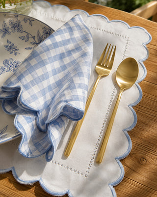 Scalloped Blue & White Table Linens Collection - Choose Your Style