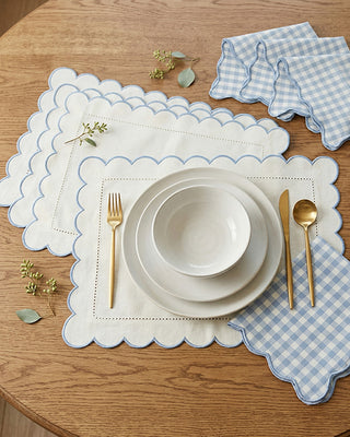 Scalloped Blue & White Table Linens Collection - Choose Your Style