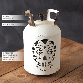 Distressed white metal skull lantern