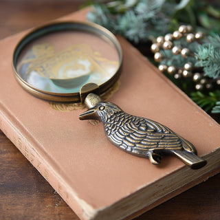Antique brass raven bird magnifying glass desk accessory vintage style office decor iron