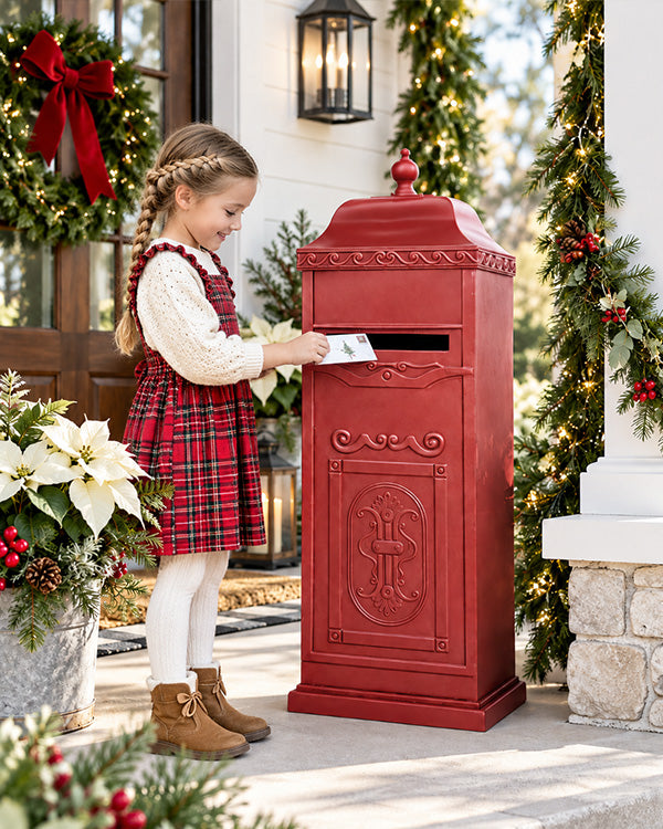 Vintage Inspired Red Iron Mailbox Tower – 37 Inch with Decorative Drop Slot Box
