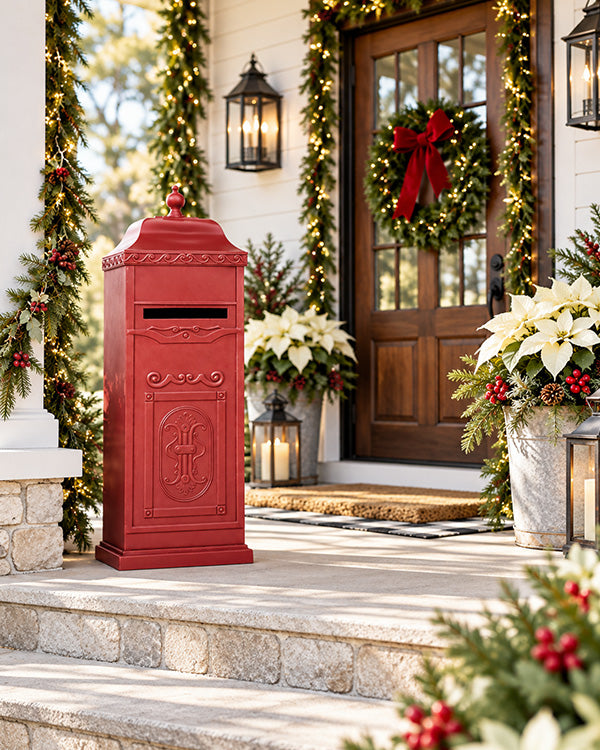 Vintage Inspired Red Iron Mailbox Tower – 37 Inch with Decorative Drop Slot Box