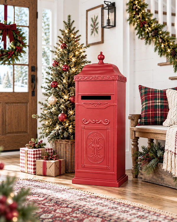 Vintage Inspired Red Iron Mailbox Tower – 37 Inch with Decorative Drop Slot Box