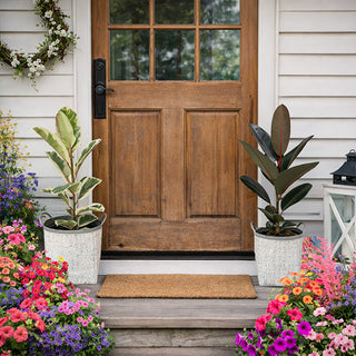 Decorative galvanized metal planters on front porch