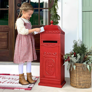 Vintage Inspired Red Iron Mailbox Tower – 37 Inch with Decorative Drop Slot Box