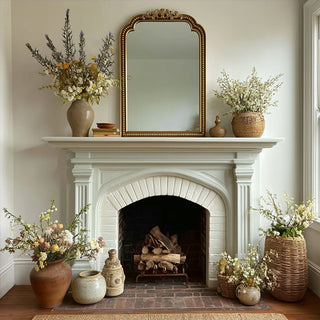 Vintage fireplace mantel with gold mirror and floral decor