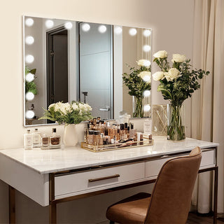 Lighted vanity mirror with makeup table bedroom decor