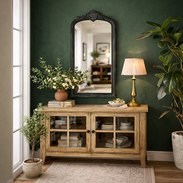 Elegant Arched Wall Mirror with Ornate Baroque Crest in Distressed Black Finish