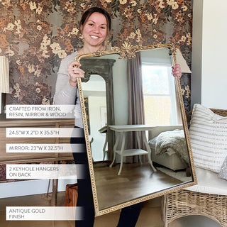 Antique gold framed mirror product display with dimensions