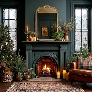 Moody dark green fireplace mantel with vintage mirror decor
