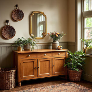 gold mirror in a farmhouse living room