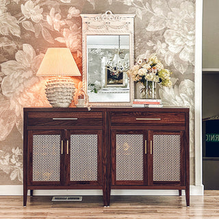 White vintage mirror styled on wooden sideboard