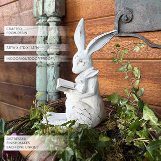 Vintage Distressed White Mother Bunny Reading Book | Indoor/Outdoor