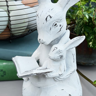 Vintage Distressed White Mother Bunny Reading Book | Indoor/Outdoor