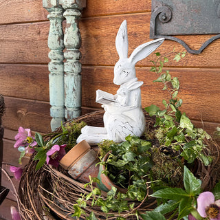 Vintage Distressed White Mother Bunny Reading Book | Indoor/Outdoor