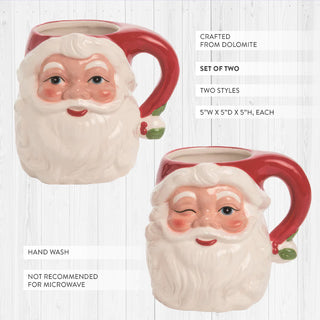 Set of two dolomite Santa mugs showing both winking and smiling expressions with red hat handles and white beards