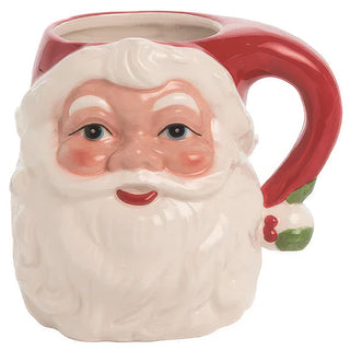 Smiling Santa face mug detail showing both eyes open cheerful expression and festive red handle