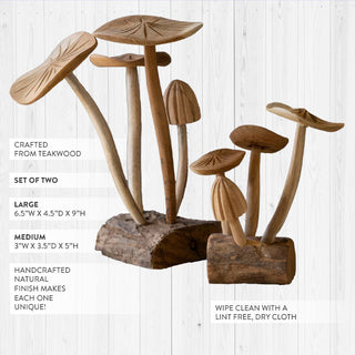 Set of two carved teak mushroom sculptures showing large and medium sizes with natural bark base