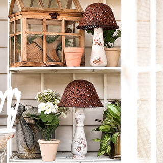 Farmhouse shelf styled with metal mushroom decor