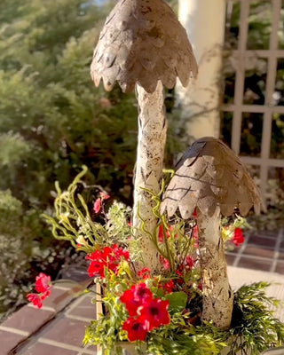 37 Inch Gigantic Distressed Metal Mushroom Yard Stakes, Set of 2