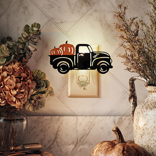 Rustic farmhouse night light with vintage truck and pumpkins design