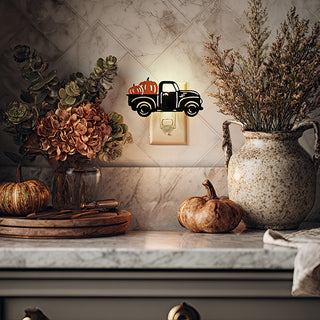 Cozy kitchen fall decor featuring vintage truck night light