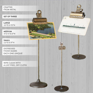 Set of three distressed metal clip stands in graduated sizes - large 3.5x15 medium 3x10.5 small 2.5x9 inches
