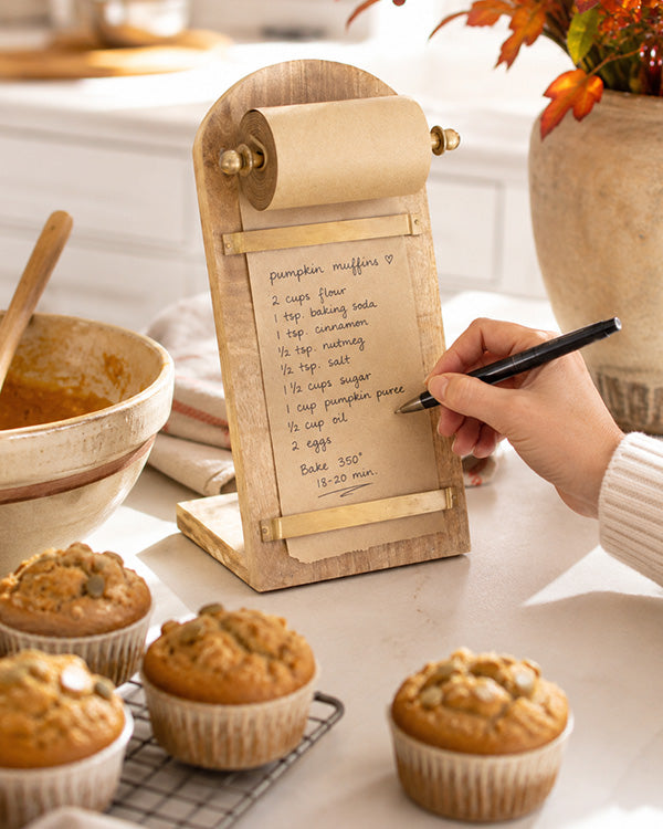 Wooden Recipe Note Roll Holder with Kraft Paper