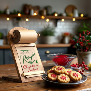 Rustic wooden recipe paper roll holder on kitchen counter with Christmas cookie recipe and festive holiday cookies