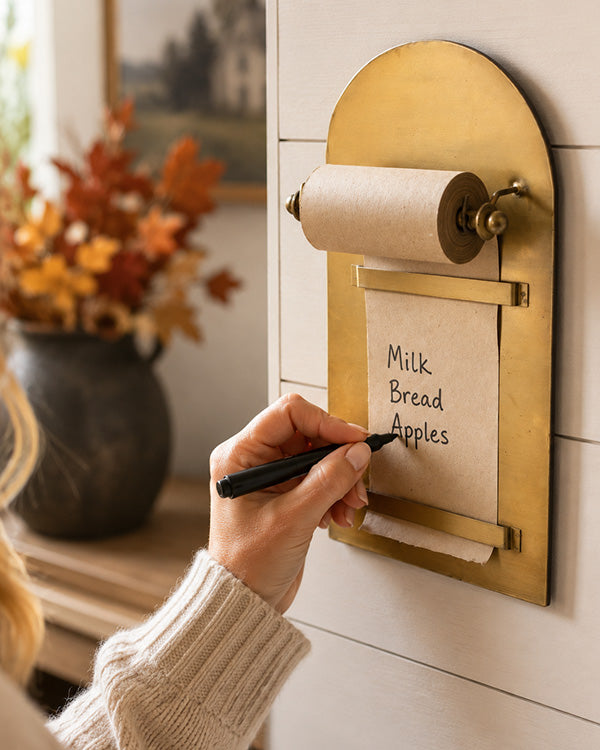 Antique Brass Magnetic Note Roll Dispenser with Kraft Paper