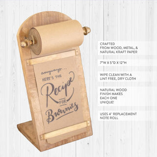 Natural wood recipe note roll holder with kraft paper showing dimensions and product details on white shiplap background