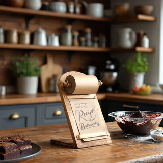 Vintage style wooden recipe roll stand displaying handwritten recipe in farmhouse kitchen with brownie batter